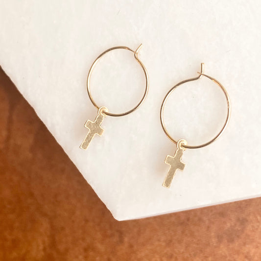 14KT Yellow Gold Dangling Cross Charms Mini Hoop Earrings, 14KT Yellow Gold Dangling Cross Charms Mini Hoop Earrings - Legacy Saint Jewelry