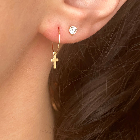 14KT Yellow Gold Dangling Cross Charms Mini Hoop Earrings, 14KT Yellow Gold Dangling Cross Charms Mini Hoop Earrings - Legacy Saint Jewelry