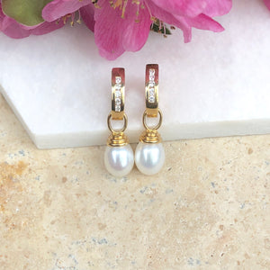 14KT Yellow Gold Channel Set Diamond + Pearl Charm Hoop Earrings - Legacy Saint Jewelry