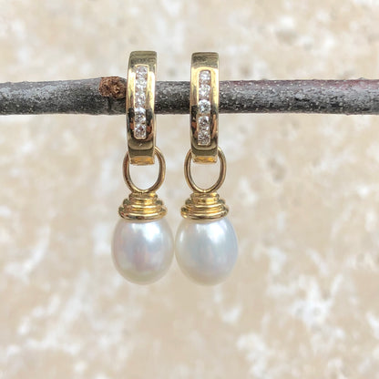 14KT Yellow Gold Channel Set Diamond + Pearl Charm Hoop Earrings - Legacy Saint Jewelry