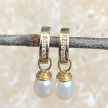 Load image into Gallery viewer, 14KT Yellow Gold Channel Set Diamond + Pearl Charm Hoop Earrings - Legacy Saint Jewelry