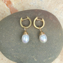 Load image into Gallery viewer, 14KT Yellow Gold Channel Set Diamond + Pearl Charm Hoop Earrings - Legacy Saint Jewelry