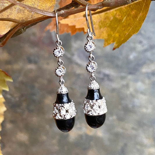 Sterling Silver CZ + Teardrop Onyx Dangle Earrings, Sterling Silver CZ + Teardrop Onyx Dangle Earrings - Legacy Saint Jewelry