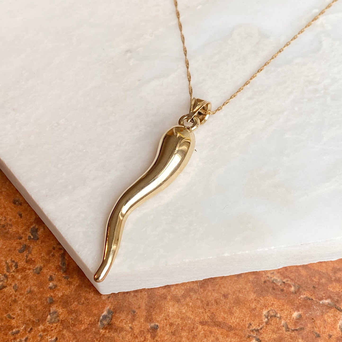 14KT Yellow Gold "Cornicello" Italian Horn Pendant Chain Necklace 50mm, 14KT Yellow Gold "Cornicello" Italian Horn Pendant Chain Necklace 50mm - Legacy Saint Jewelry