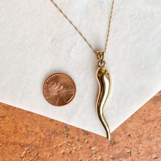 14KT Yellow Gold "Cornicello" Italian Horn Pendant 50mm, 14KT Yellow Gold "Cornicello" Italian Horn Pendant 50mm - Legacy Saint Jewelry
