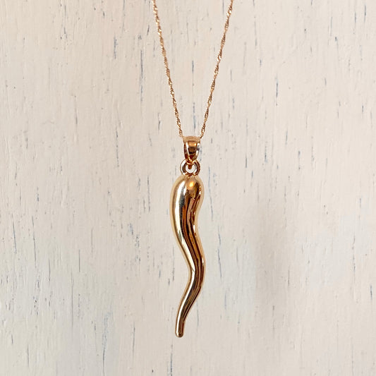 14KT Yellow Gold "Cornicello" Italian Horn Pendant Chain Necklace 50mm, 14KT Yellow Gold "Cornicello" Italian Horn Pendant Chain Necklace 50mm - Legacy Saint Jewelry