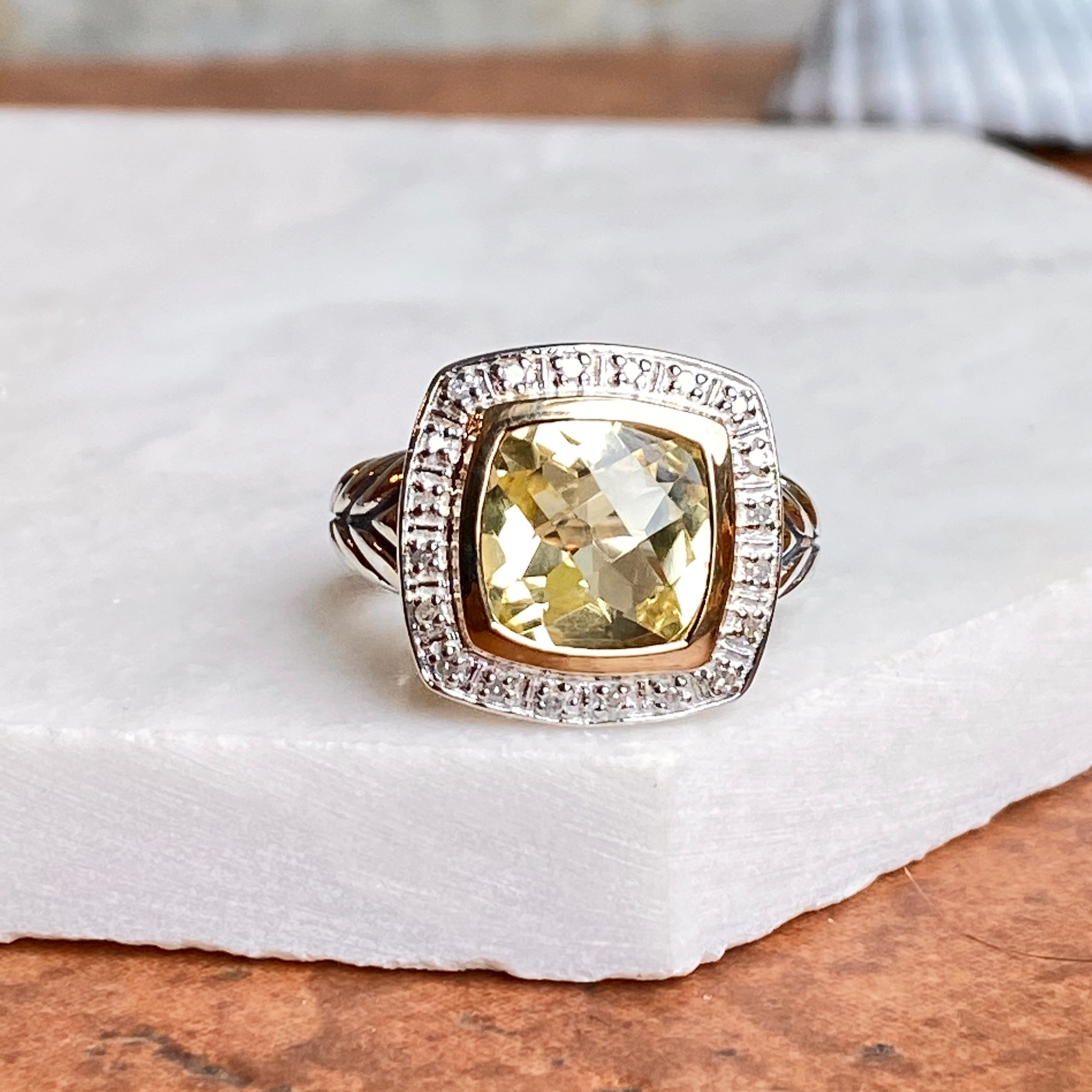 Lemon Quartz outlet with Diamonds silver ring