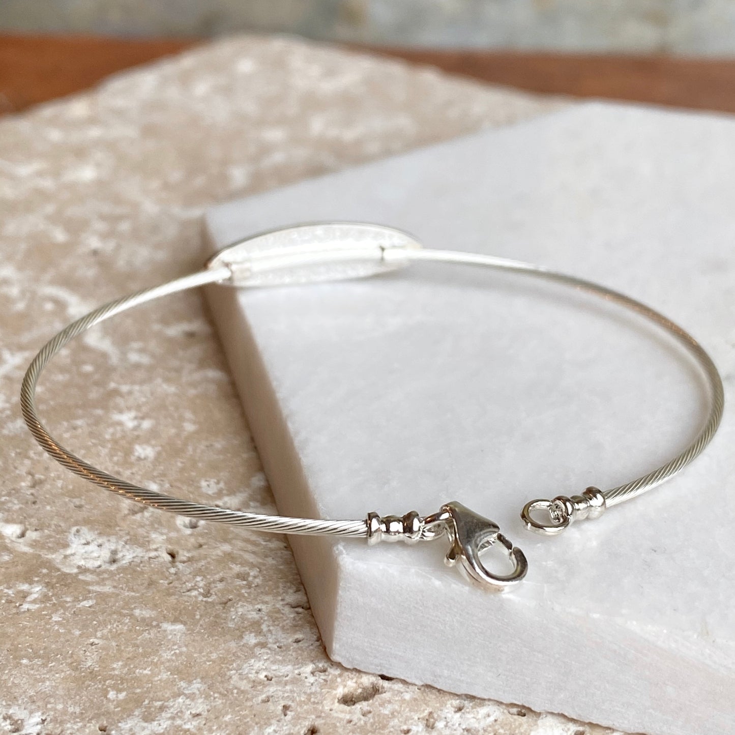 Sterling Silver Cable Wire Bracelet with Oval Engraveable Plaque, Sterling Silver Cable Wire Bracelet with Oval Engraveable Plaque - Legacy Saint Jewelry