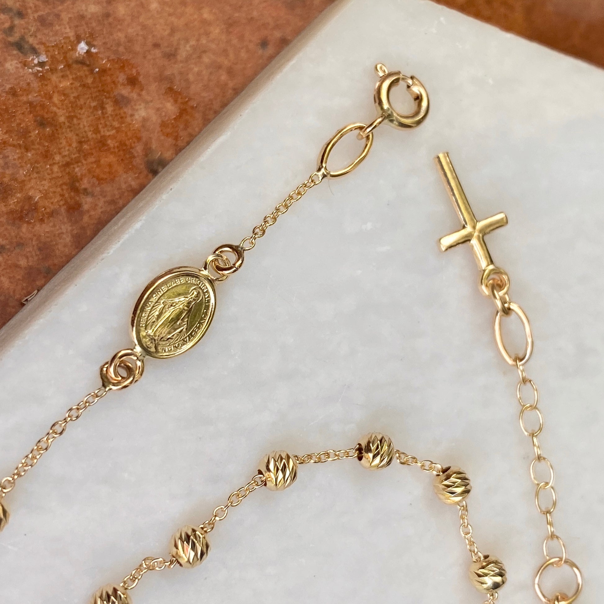 14KT Yellow Gold Beaded Miraculous Medal + Cross Rosary Bracelet, 14KT Yellow Gold Beaded Miraculous Medal + Cross Rosary Bracelet - Legacy Saint Jewelry