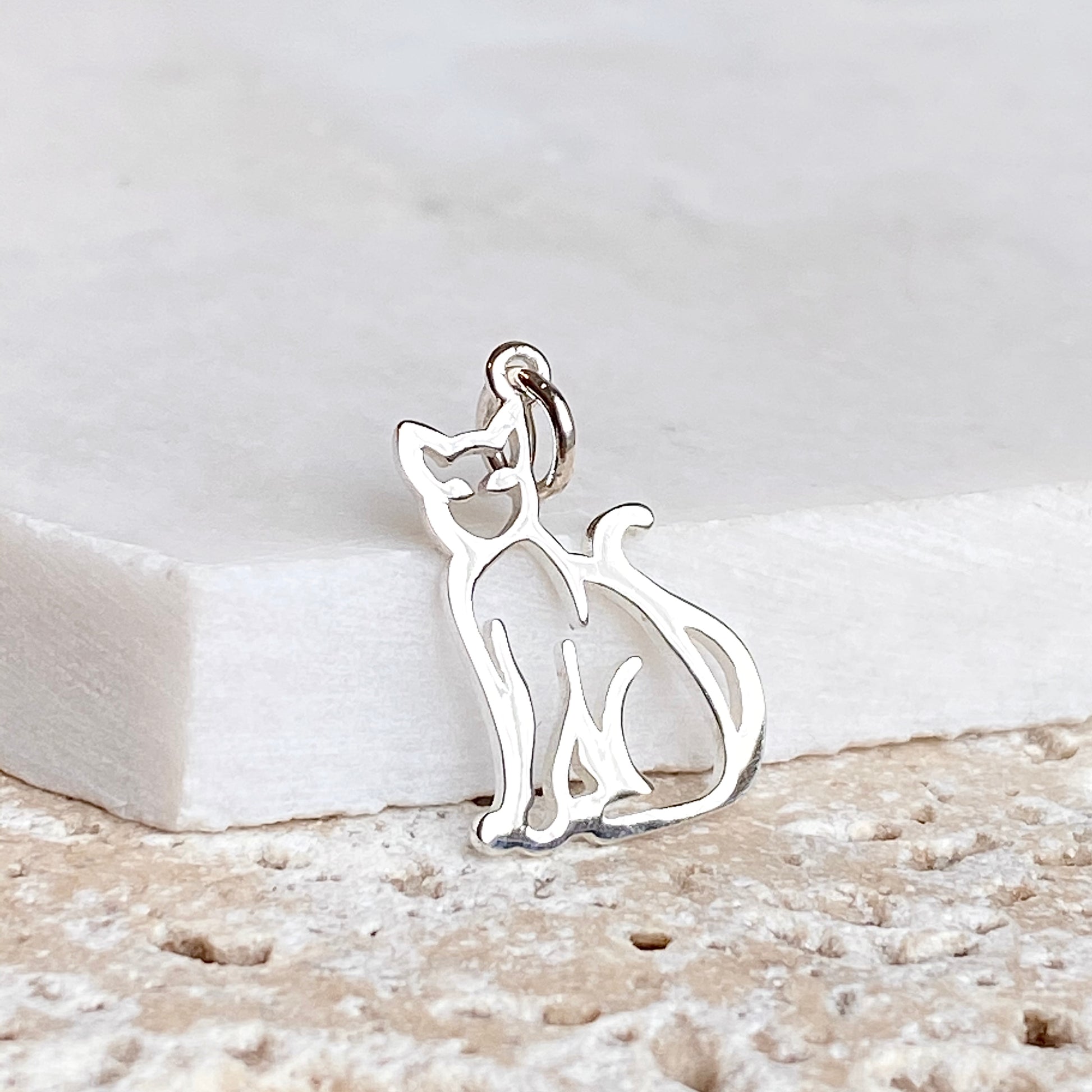 Sterling Silver Sitting Cat Outline Pendant Charm, Sterling Silver Sitting Cat Outline Pendant Charm - Legacy Saint Jewelry