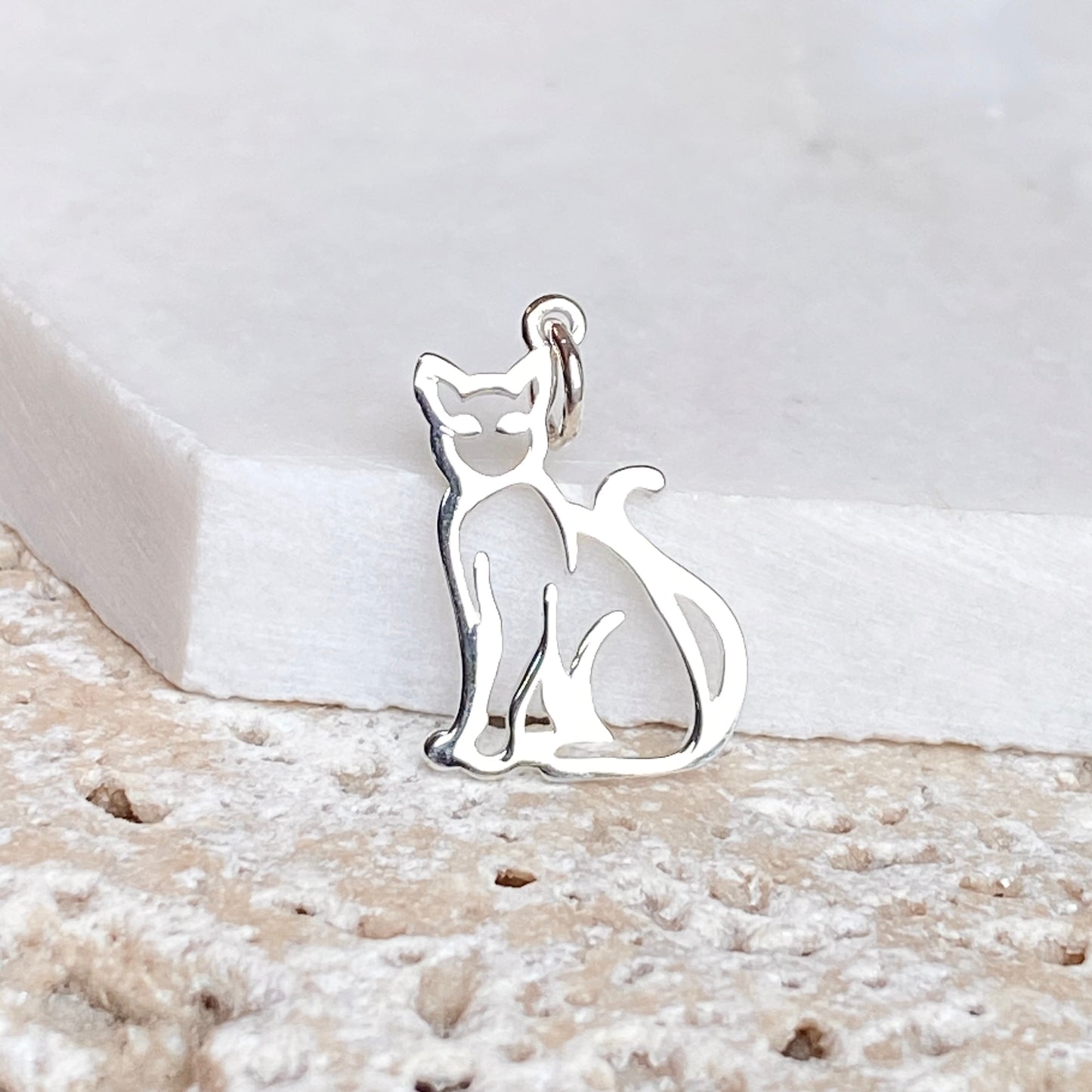 Sterling Silver Sitting Cat Outline Pendant Charm, Sterling Silver Sitting Cat Outline Pendant Charm - Legacy Saint Jewelry
