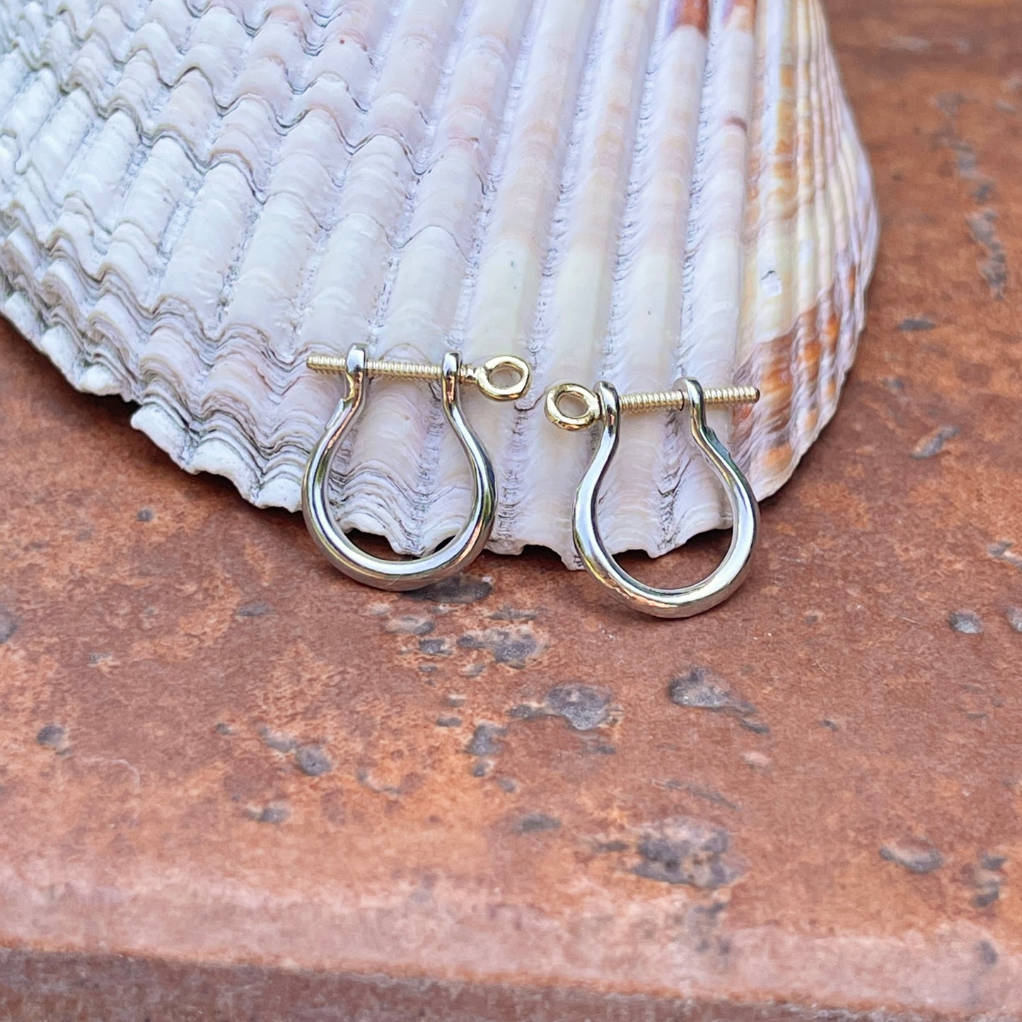 14KT Yellow Gold + Sterling Silver Shackle Link Screw Half-Hoop Earrings