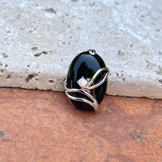 Sterling Silver Polished Oval Black Onyx + CZ Stone Pendant Slide