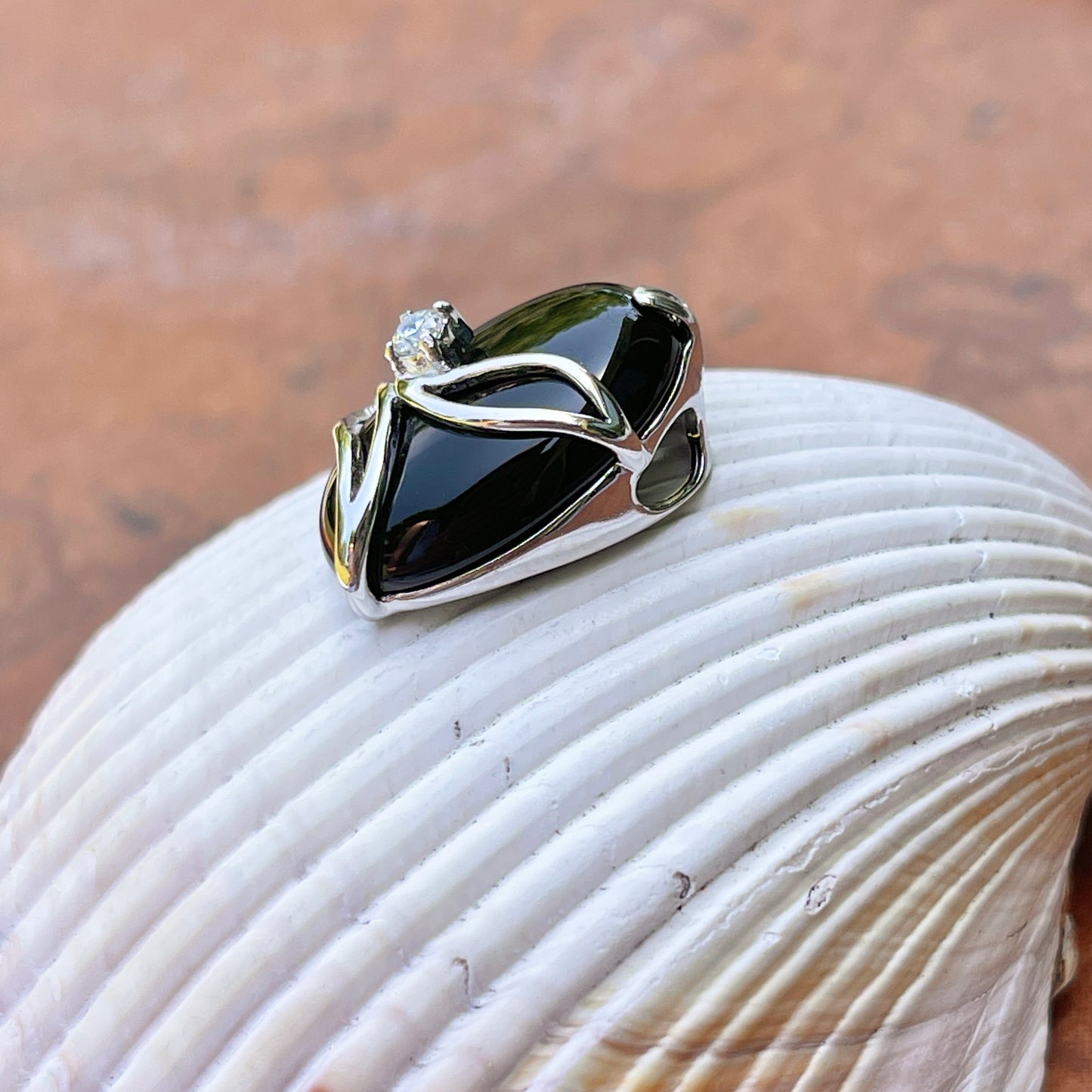 Sterling Silver Polished Oval Black Onyx + CZ Stone Pendant Slide