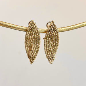 14KT Yellow Gold Textured Woven Marquise-Shaped Dangle Omega Earrings