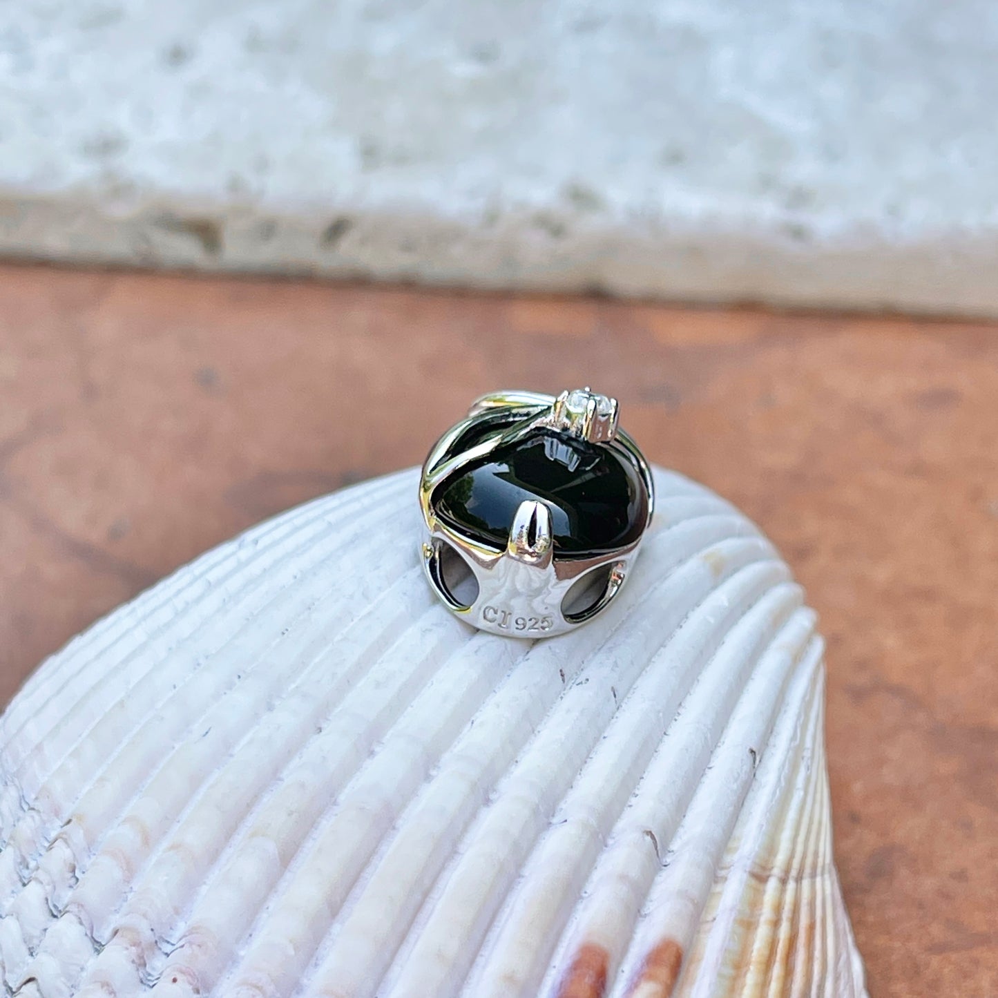 Sterling Silver Polished Oval Black Onyx + CZ Stone Pendant Slide