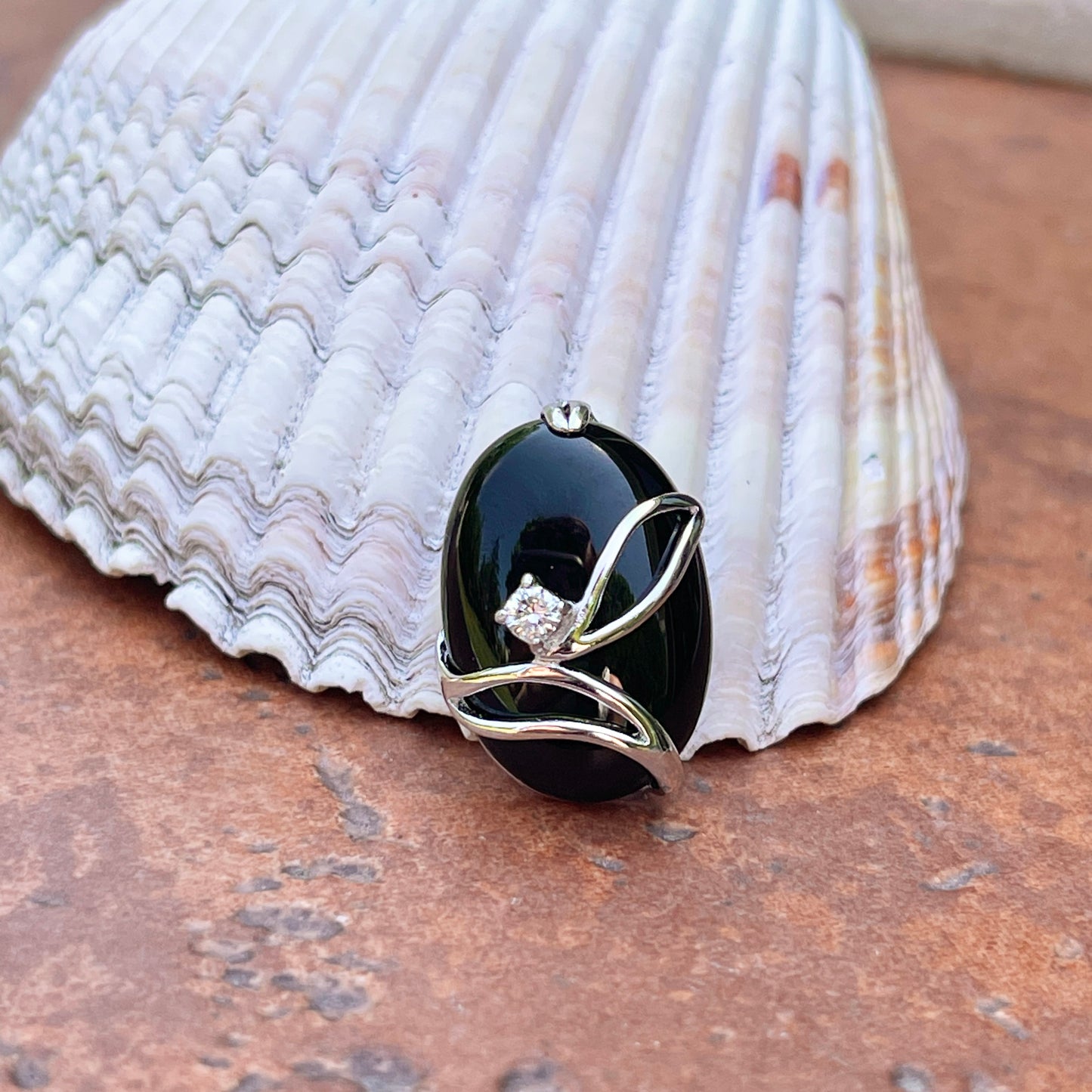 Sterling Silver Polished Oval Black Onyx + CZ Stone Pendant Slide