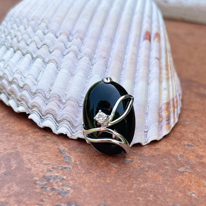 Sterling Silver Polished Oval Black Onyx + CZ Stone Pendant Slide