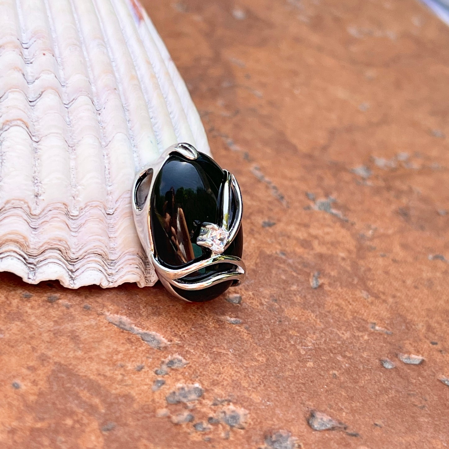 Sterling Silver Polished Oval Black Onyx + CZ Stone Pendant Slide