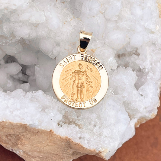 14KT Yellow Gold Saint Florian Round Medal Pendant 21mm