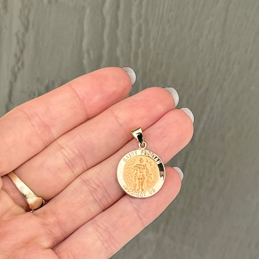 14KT Yellow Gold Saint Florian Round Medal Pendant 21mm - LSJ