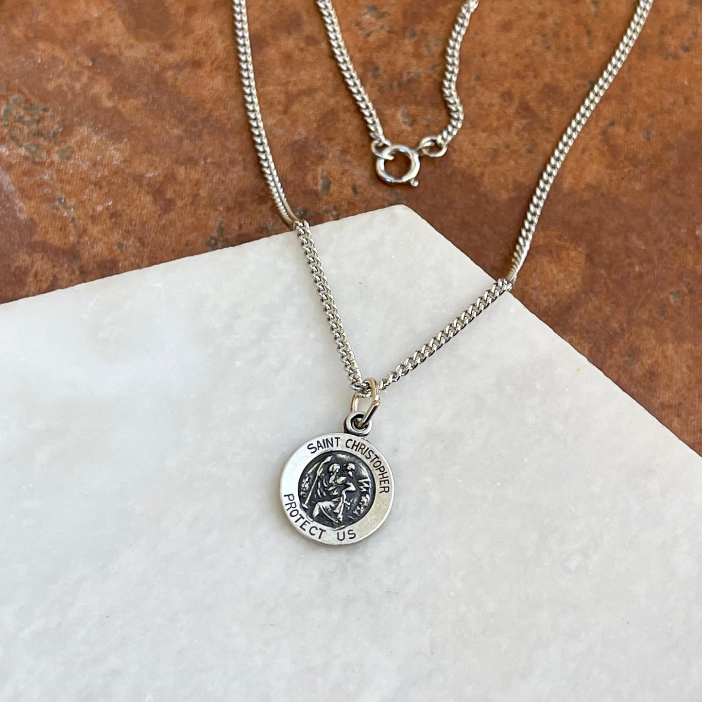 Sterling Silver Antiqued Mini St Christopher Round Medal Chain Necklace