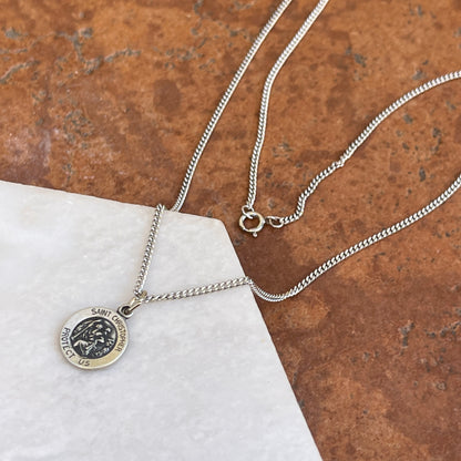 Sterling Silver Antiqued Mini St Christopher Round Medal Chain Necklace