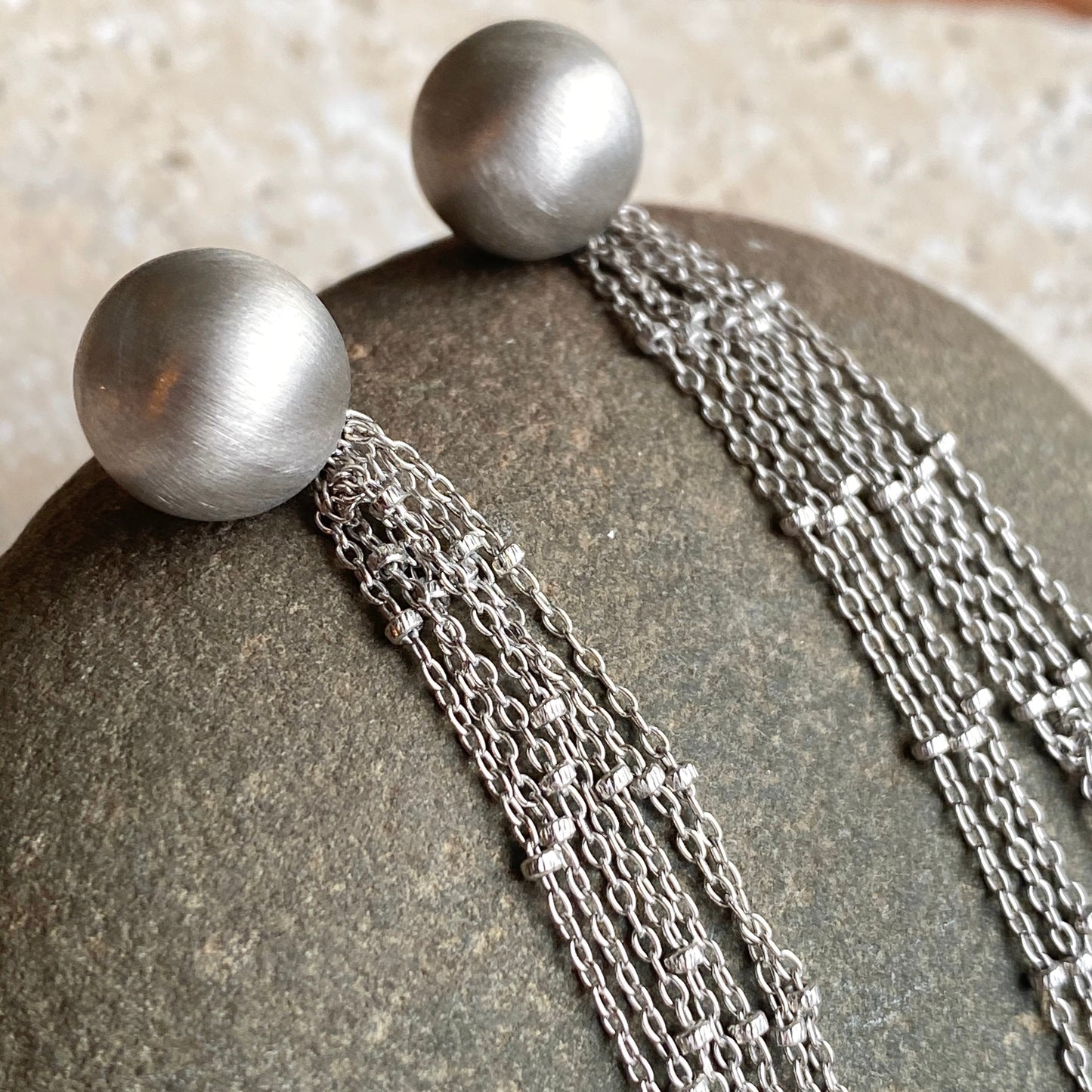 Sterling Silver Matte Ball Dangling Chains Earrings, Sterling Silver Matte Ball Dangling Chains Earrings - Legacy Saint Jewelry