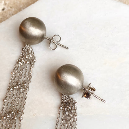 Sterling Silver Matte Ball Dangling Chains Earrings, Sterling Silver Matte Ball Dangling Chains Earrings - Legacy Saint Jewelry