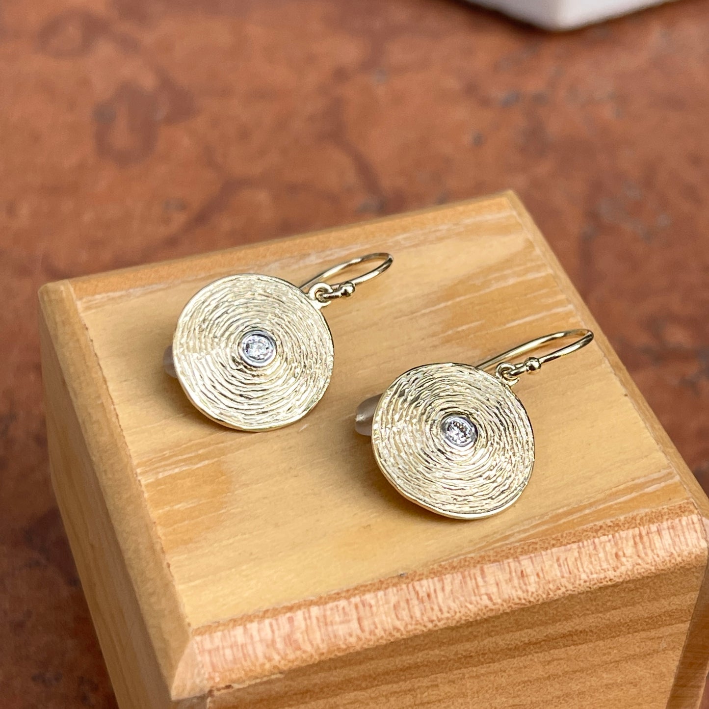 14KT Yellow Gold Textured Disc Bezel Diamond Dangle Earrings