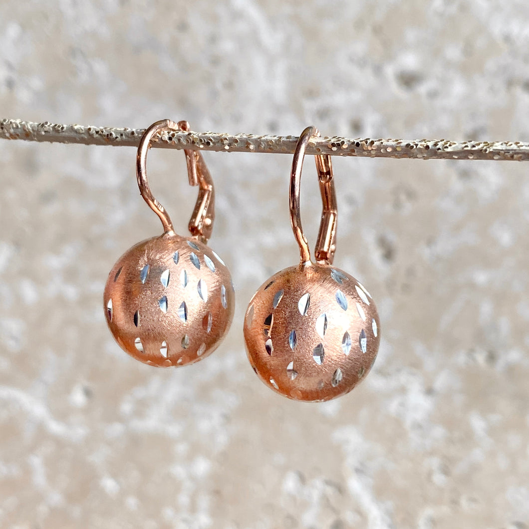 Rose Plated Sterling Silver Diamond-Cut Ball Leverback Earrings, Rose Plated Sterling Silver Diamond-Cut Ball Leverback Earrings - Legacy Saint Jewelry
