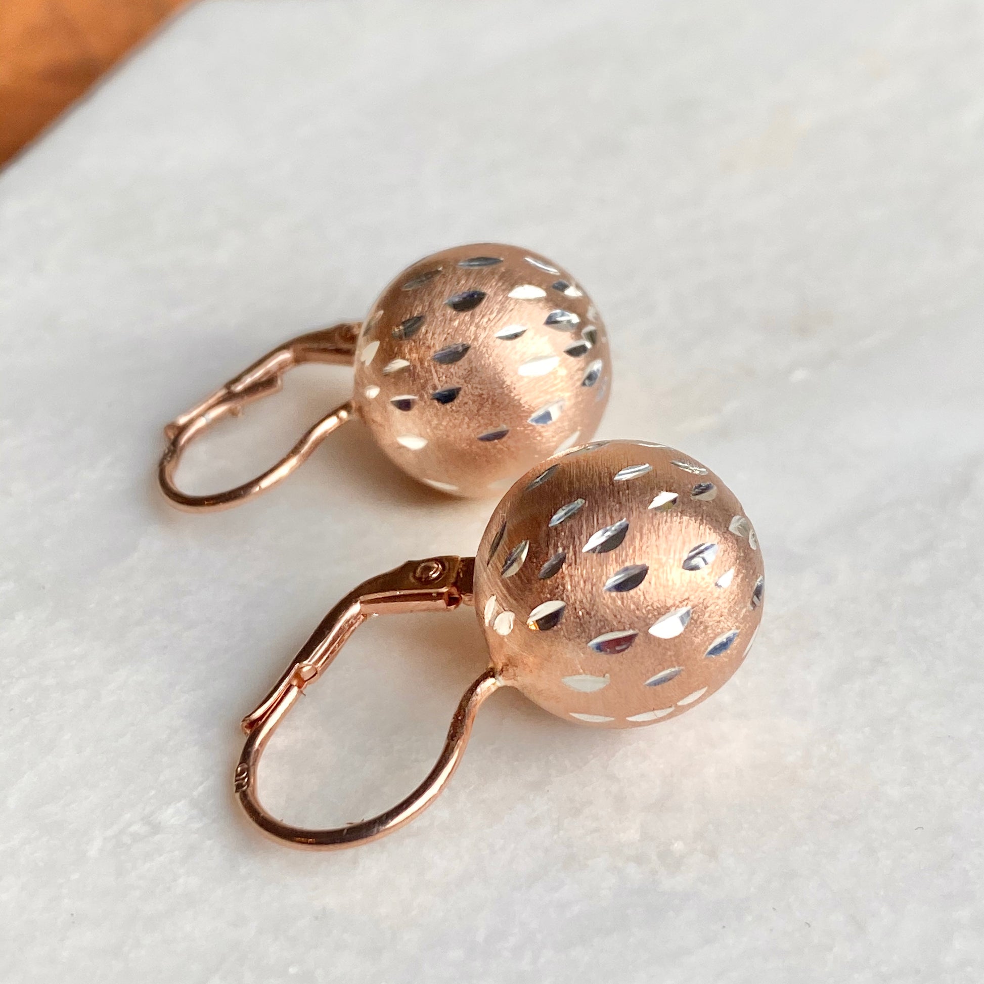 Rose Plated Sterling Silver Diamond-Cut Ball Leverback Earrings, Rose Plated Sterling Silver Diamond-Cut Ball Leverback Earrings - Legacy Saint Jewelry