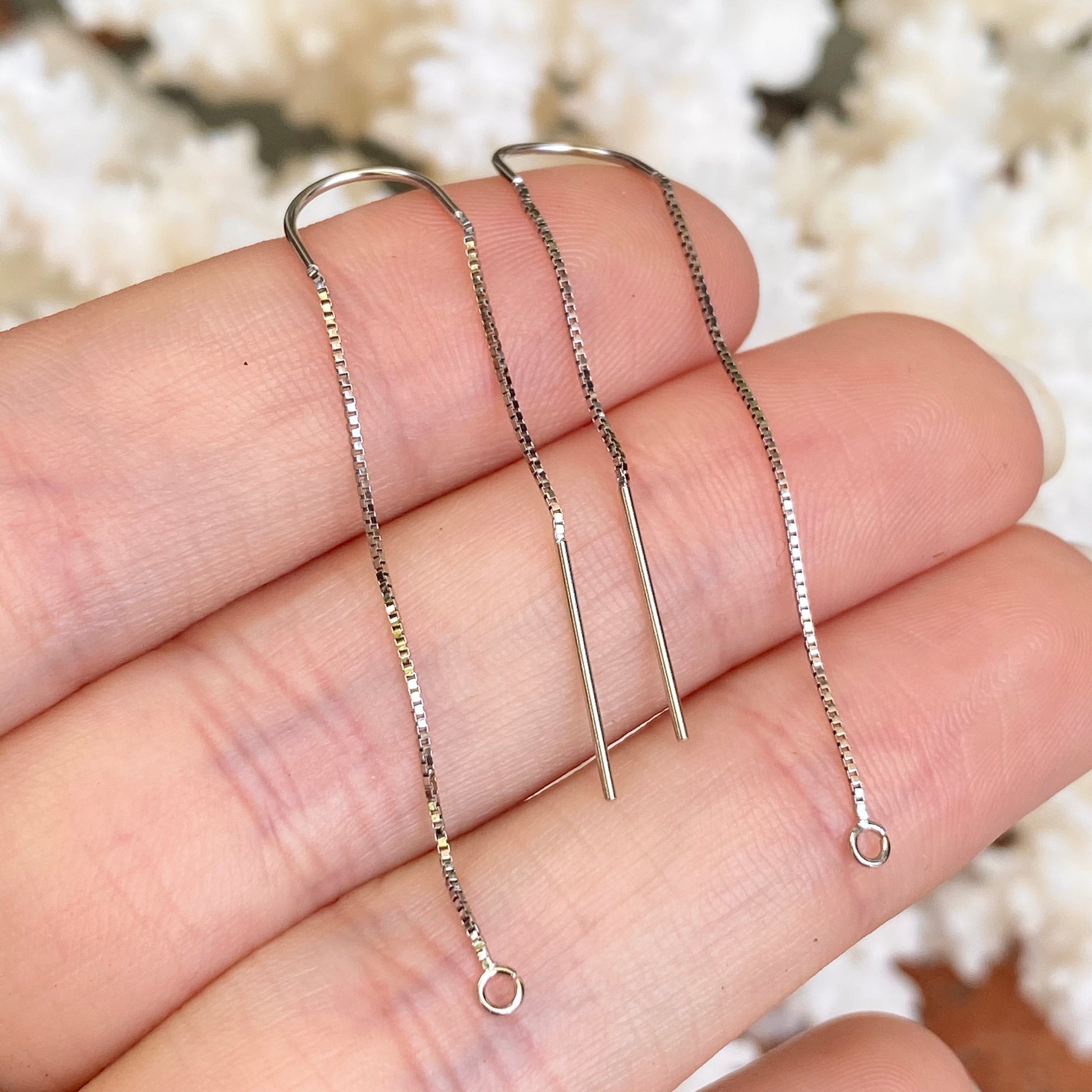 14KT White Gold Box Chain Threader Earrings with Open Ring, 14KT White Gold Box Chain Threader Earrings with Open Ring - Legacy Saint Jewelry