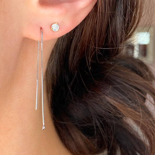 14KT White Gold Box Chain Threader Earrings with Open Ring, 14KT White Gold Box Chain Threader Earrings with Open Ring - Legacy Saint Jewelry