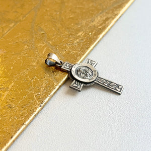 Sterling Silver Antiqued St Michael Medal Cross Pendant