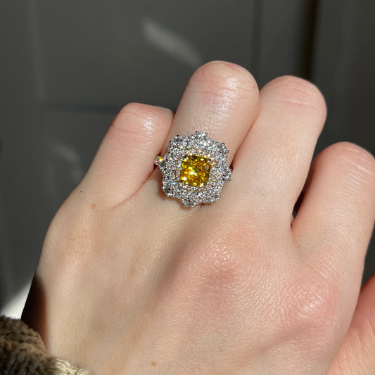 Estate 18KT White Gold Cushion-Cut Yellow Diamond + Pave Diamond Ring - LSJ