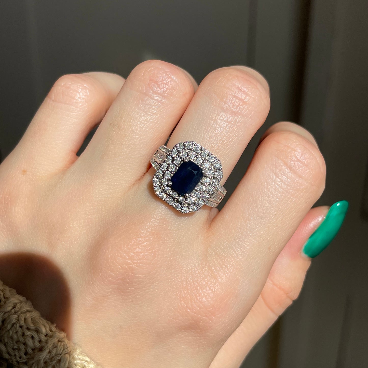 Estate 14KT White Gold Emerald-Cut Blue Sapphire + Double Diamond Halo Ring