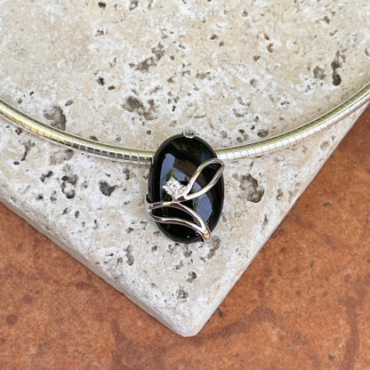 Sterling Silver Polished Oval Black Onyx + CZ Stone Pendant Omega Necklace