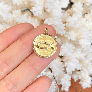 14KT Yellow Gold Matte Ichthus Round Medal Disc Pendant, 14KT Yellow Gold Matte Ichthus Round Medal Disc Pendant - Legacy Saint Jewelry