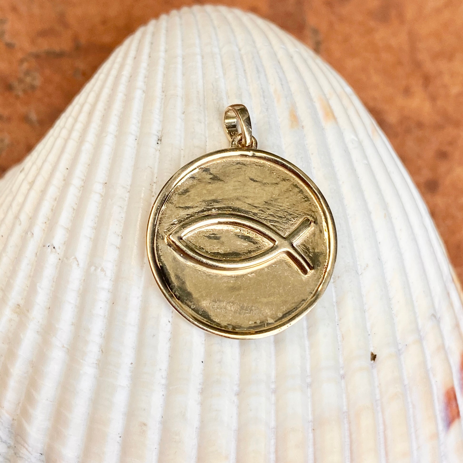 14KT Yellow Gold Matte Ichthus Round Medal Disc Pendant, 14KT Yellow Gold Matte Ichthus Round Medal Disc Pendant - Legacy Saint Jewelry