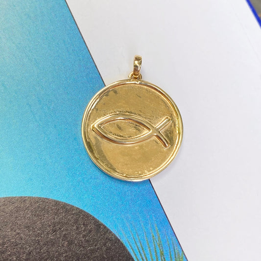 14KT Yellow Gold Matte Ichthus Round Medal Disc Pendant, 14KT Yellow Gold Matte Ichthus Round Medal Disc Pendant - Legacy Saint Jewelry