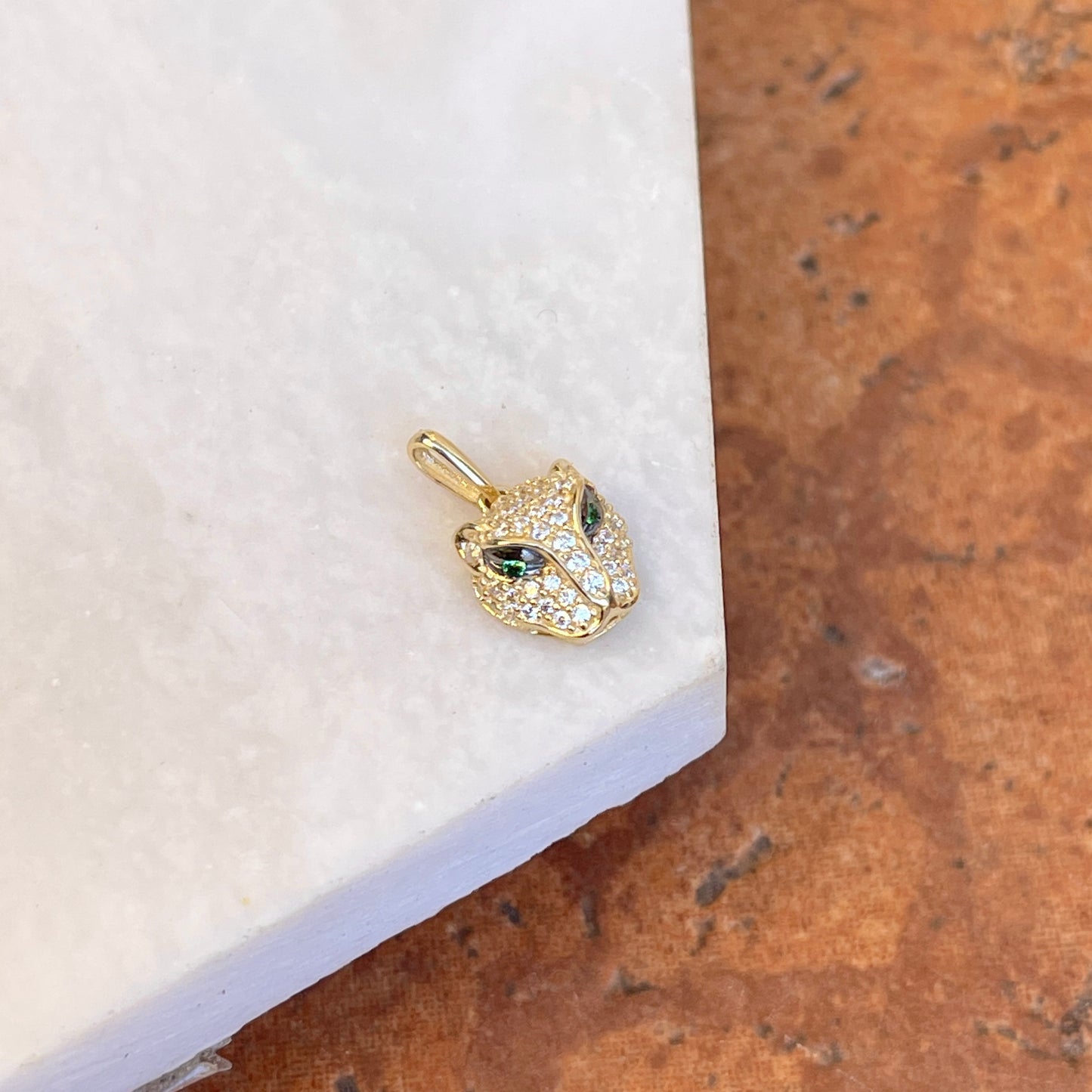 14KT Yellow Gold Green + White CZ Panther Head Pendant