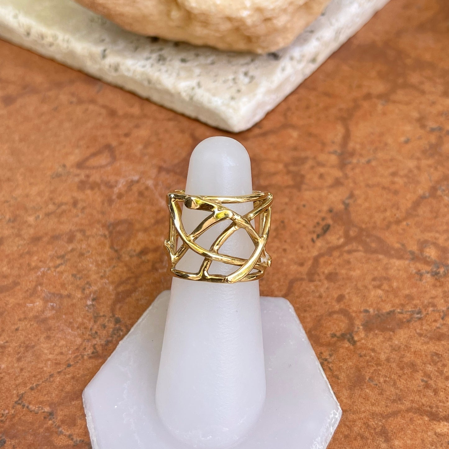 "The Sharona" 14KT Yellow Gold Wide Artistic Design Cigar Band Ring - LSJ