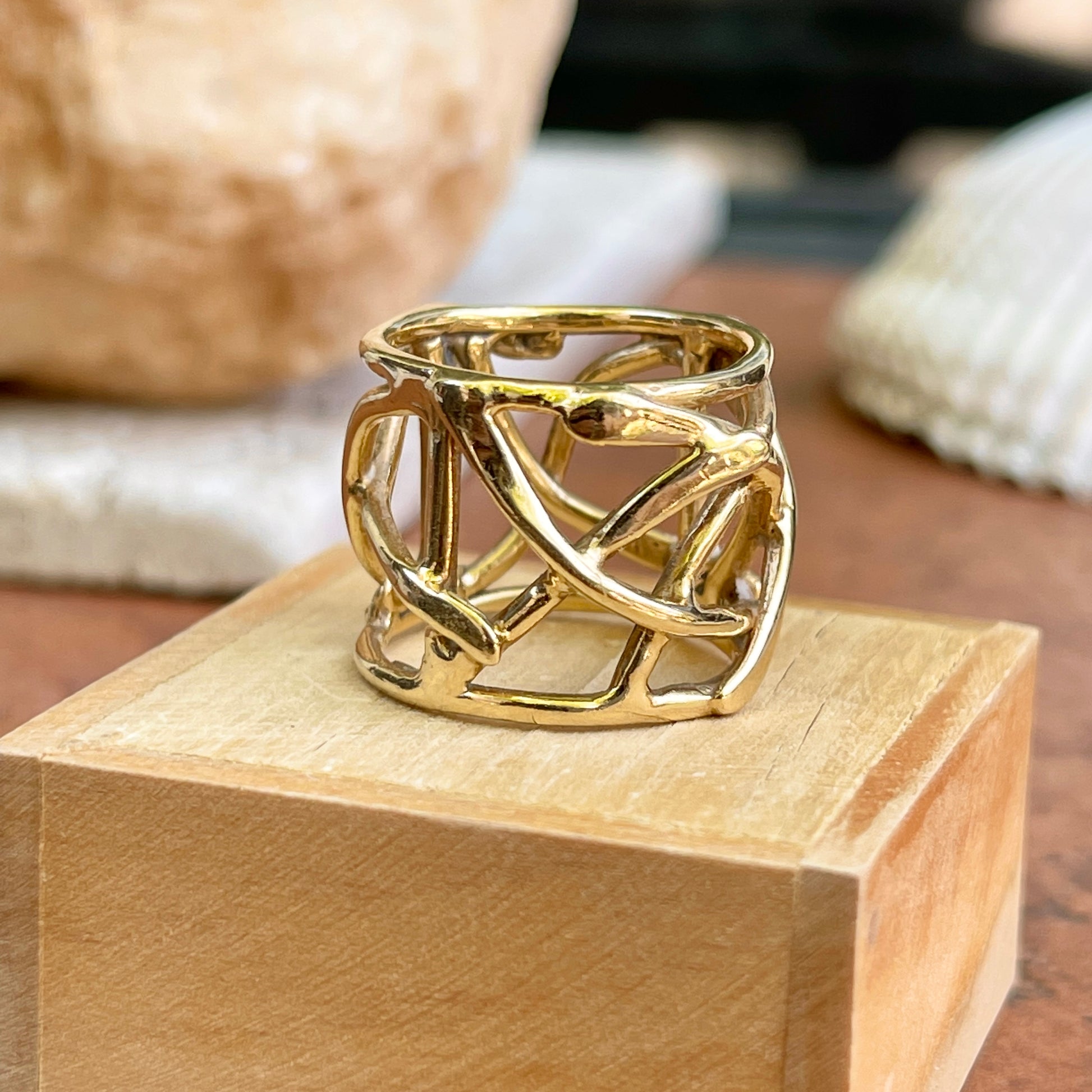 "The Sharona" 14KT Yellow Gold Wide Artistic Design Cigar Band Ring - LSJ