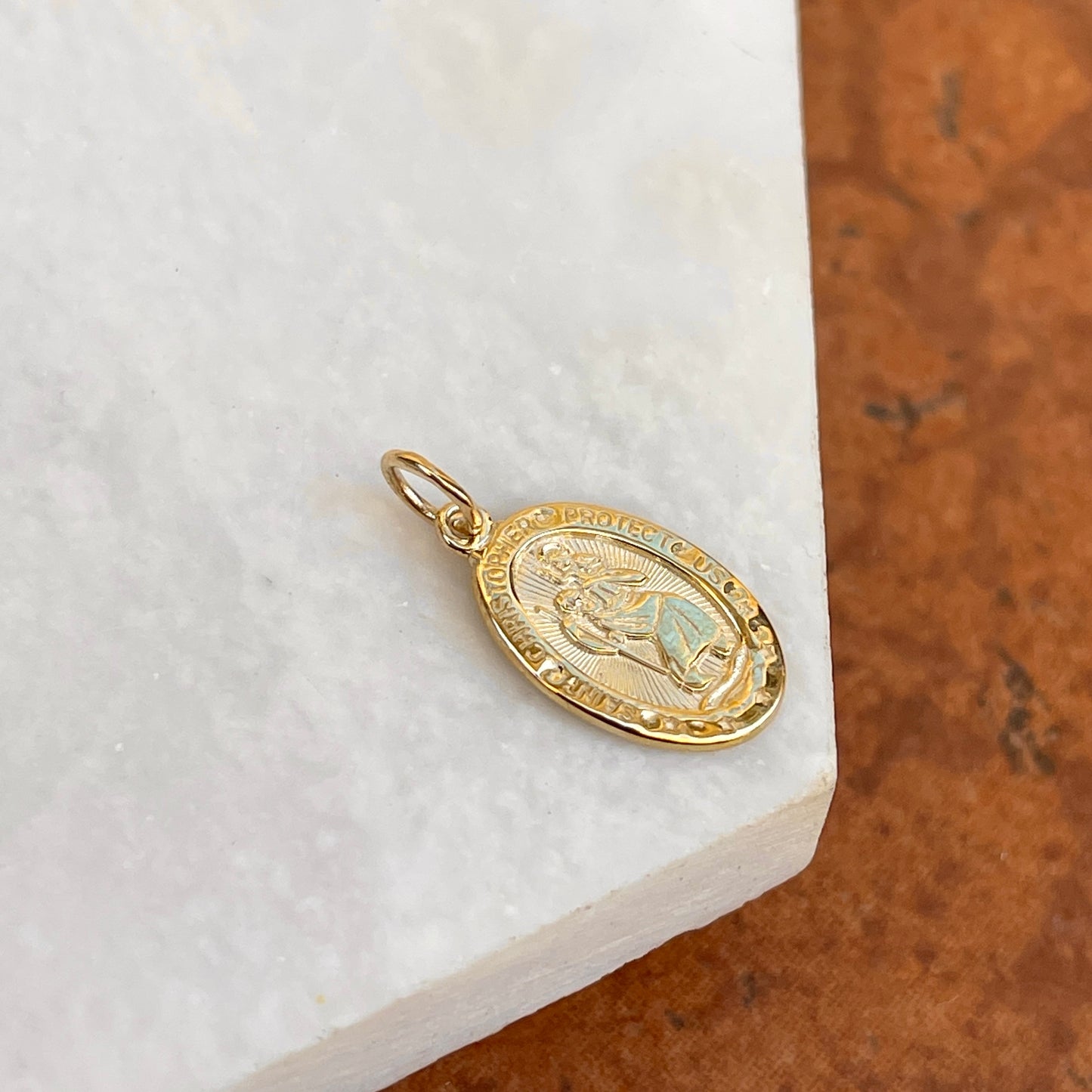 10KT Yellow Gold Oval St Christopher Medal Pendant Charm 16mm