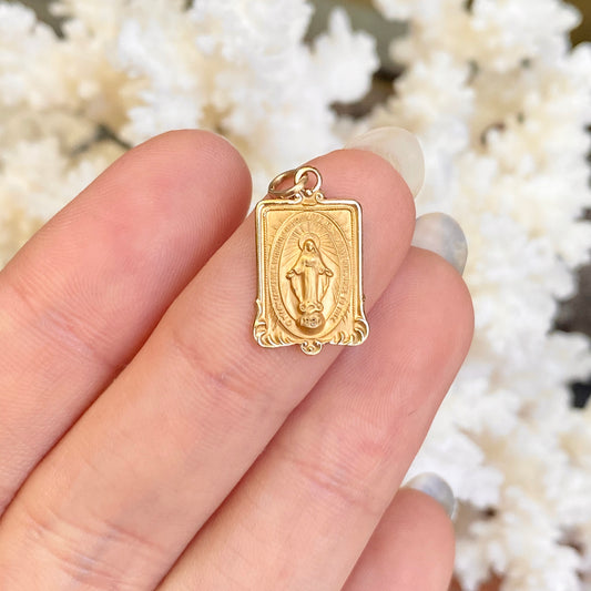 14KT Yellow Gold Rectangular Miraculous Medal Pendant Charm, 14KT Yellow Gold Rectangular Miraculous Medal Pendant Charm - Legacy Saint Jewelry