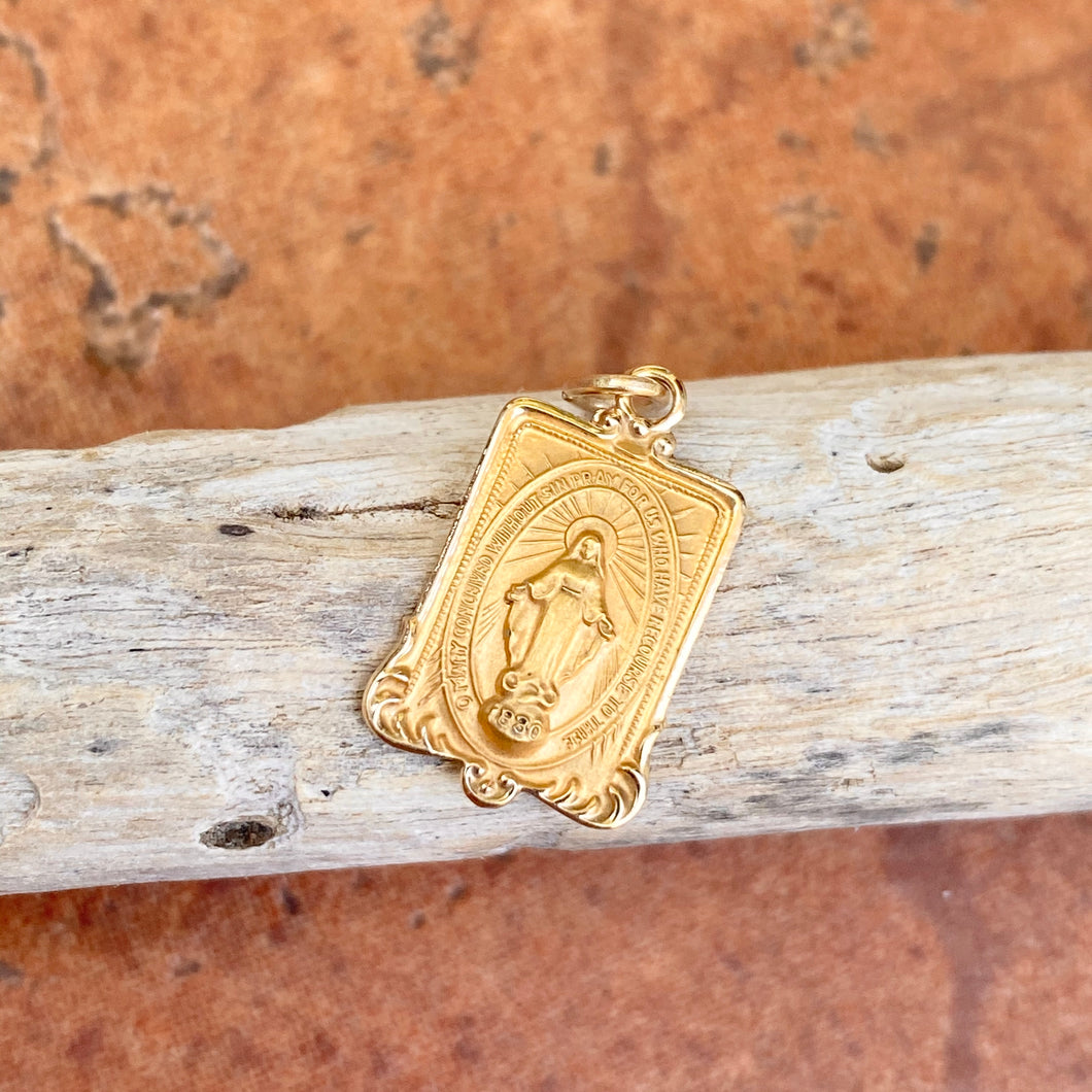 14KT Yellow Gold Rectangular Miraculous Medal Pendant Charm, 14KT Yellow Gold Rectangular Miraculous Medal Pendant Charm - Legacy Saint Jewelry