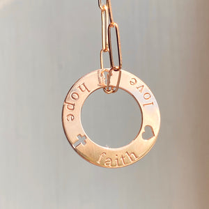 14KT Rose Gold Open Circle Script "Faith Hope Love" Pendant, 14KT Rose Gold Open Circle Script "Faith Hope Love" Pendant - Legacy Saint Jewelry