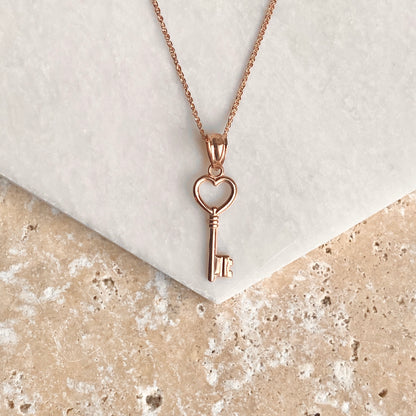OOO 14KT Rose Gold Small Key Heart Pendant Chain Necklace, OOO 14KT Rose Gold Small Key Heart Pendant Chain Necklace - Legacy Saint Jewelry