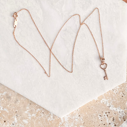 OOO 14KT Rose Gold Small Key Heart Pendant Chain Necklace, OOO 14KT Rose Gold Small Key Heart Pendant Chain Necklace - Legacy Saint Jewelry